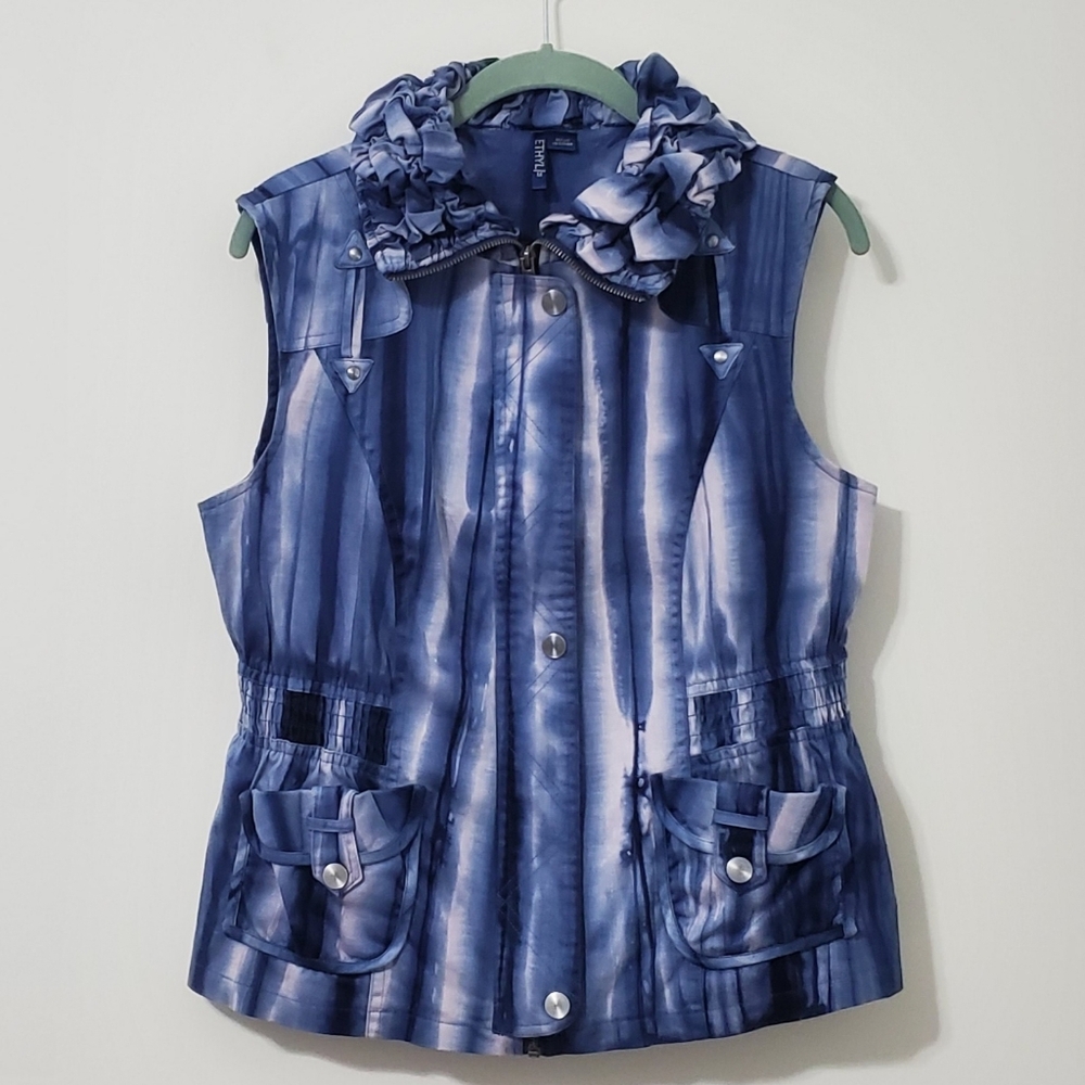Ethyl Blue Tie Dye Full Zip Vest Ruffle Collar Women Medium